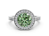 White gold Fancy Green Round Cut Cut Halo Pavé Diamond Ring