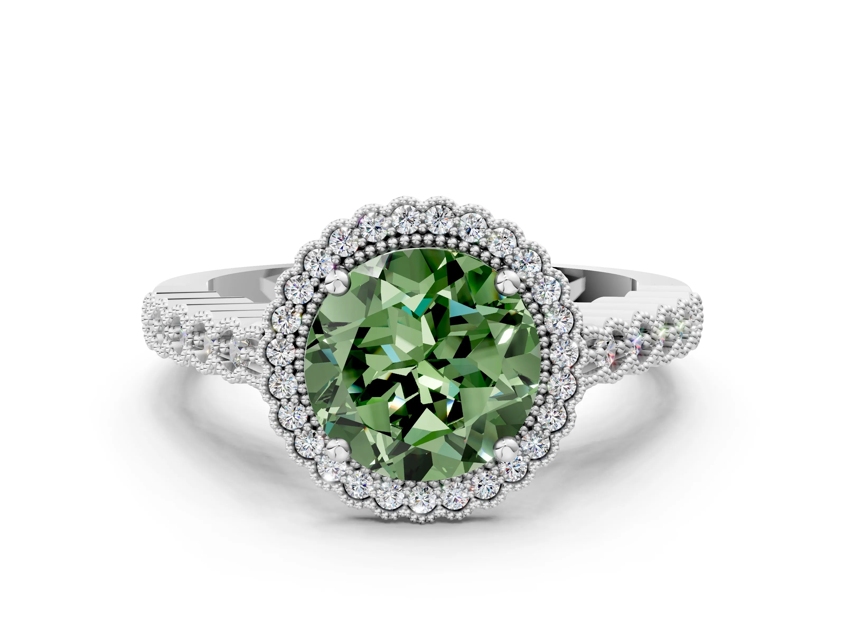 White gold Fancy Green Round Cut Cut Halo Pavé Solitaire Ring with Milgrain Band_12