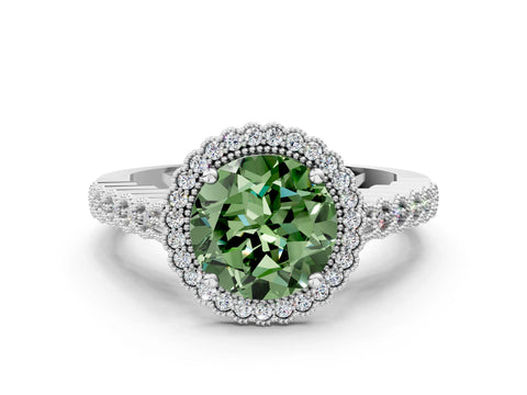 White gold Fancy Green Round Cut Cut Halo Pavé Solitaire Ring with Milgrain Band_12