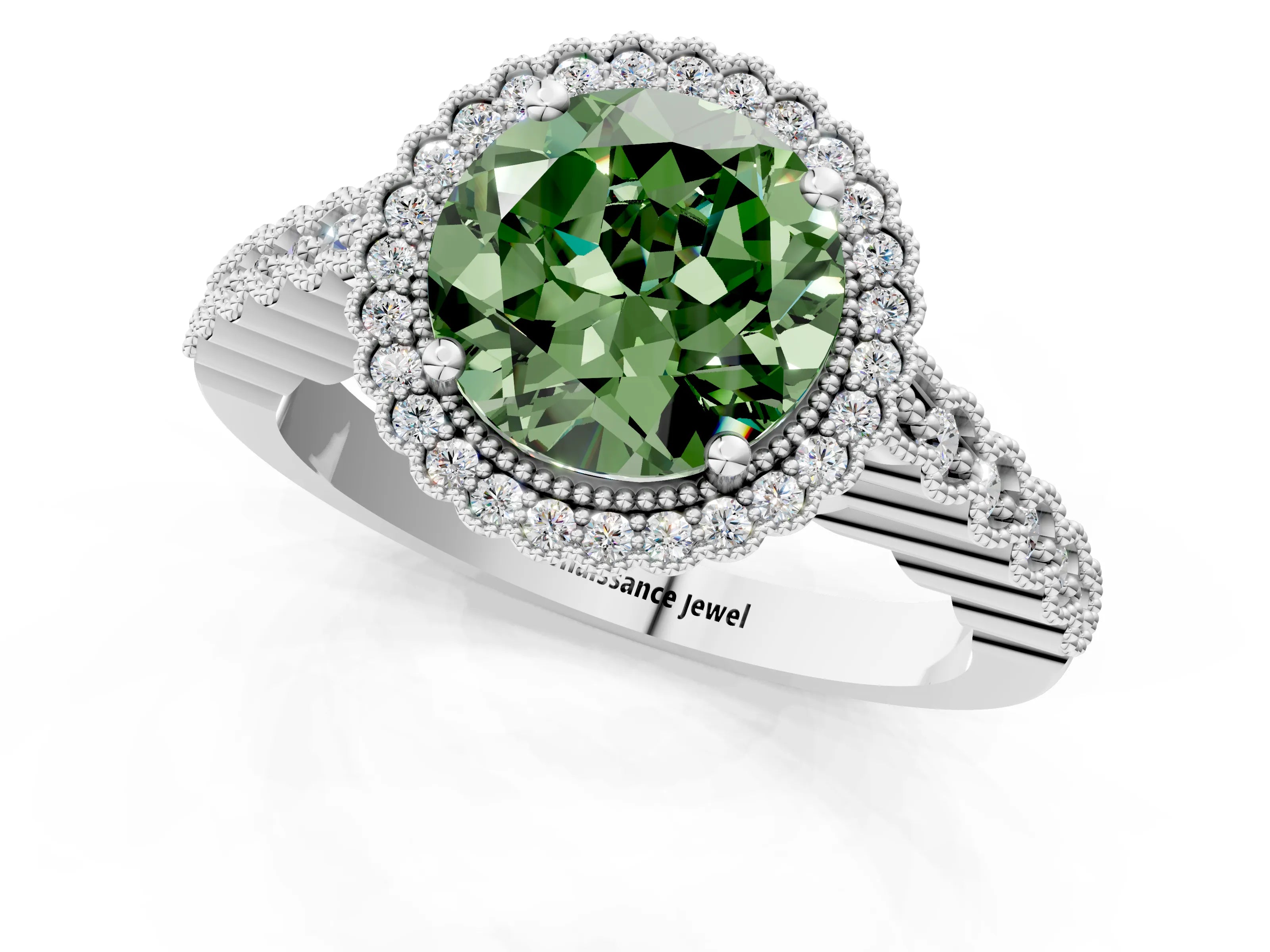 White gold Fancy Green Round Cut Cut Halo Pavé Solitaire Ring with Milgrain Band_13