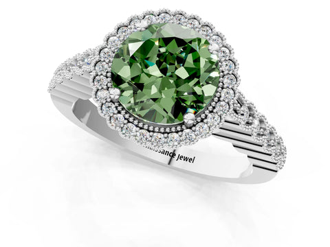 White gold Fancy Green Round Cut Cut Halo Pavé Solitaire Ring with Milgrain Band_13
