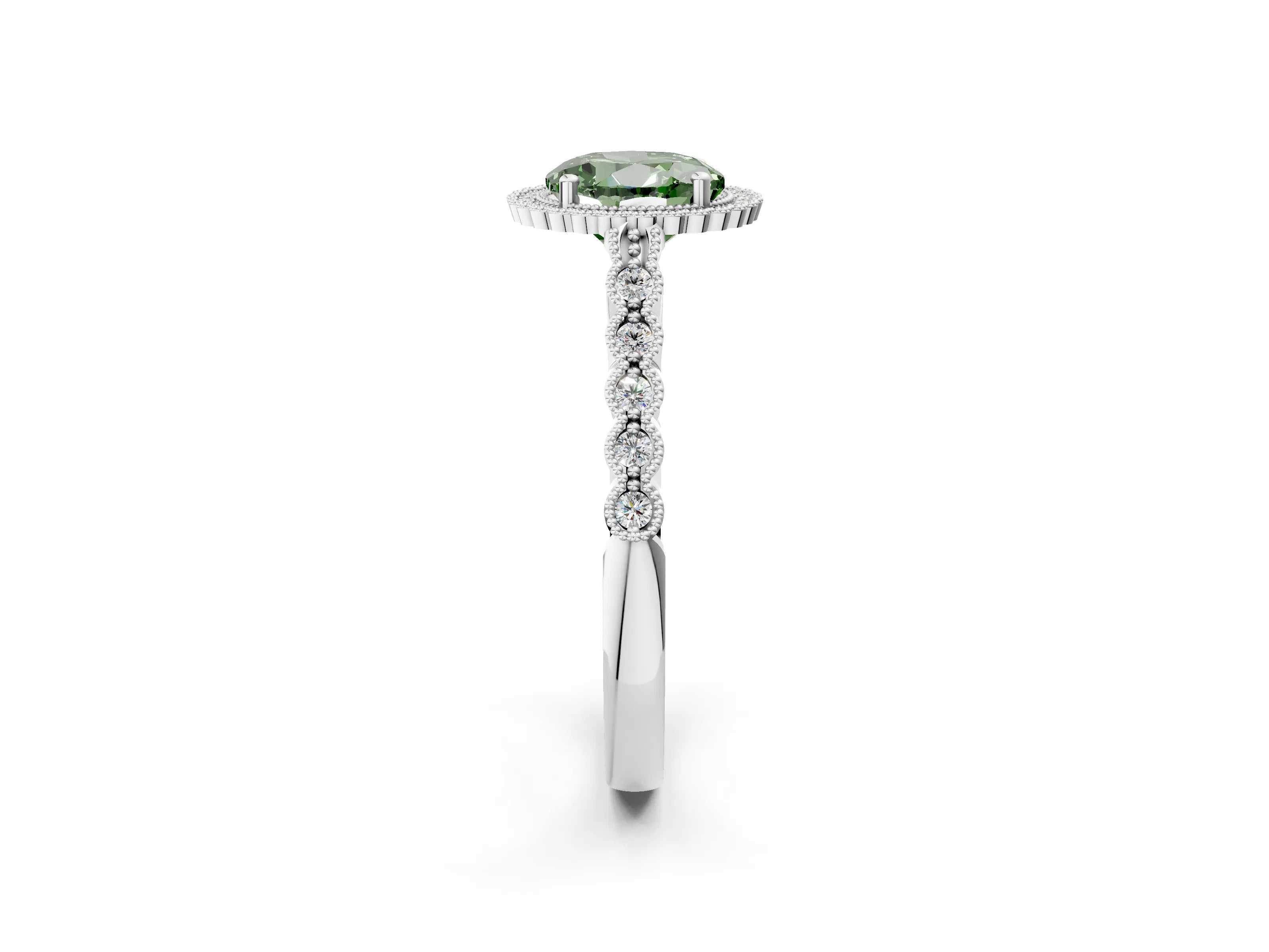 White gold Fancy Green Round Cut Cut Halo Pavé Solitaire Ring with Milgrain Band_14