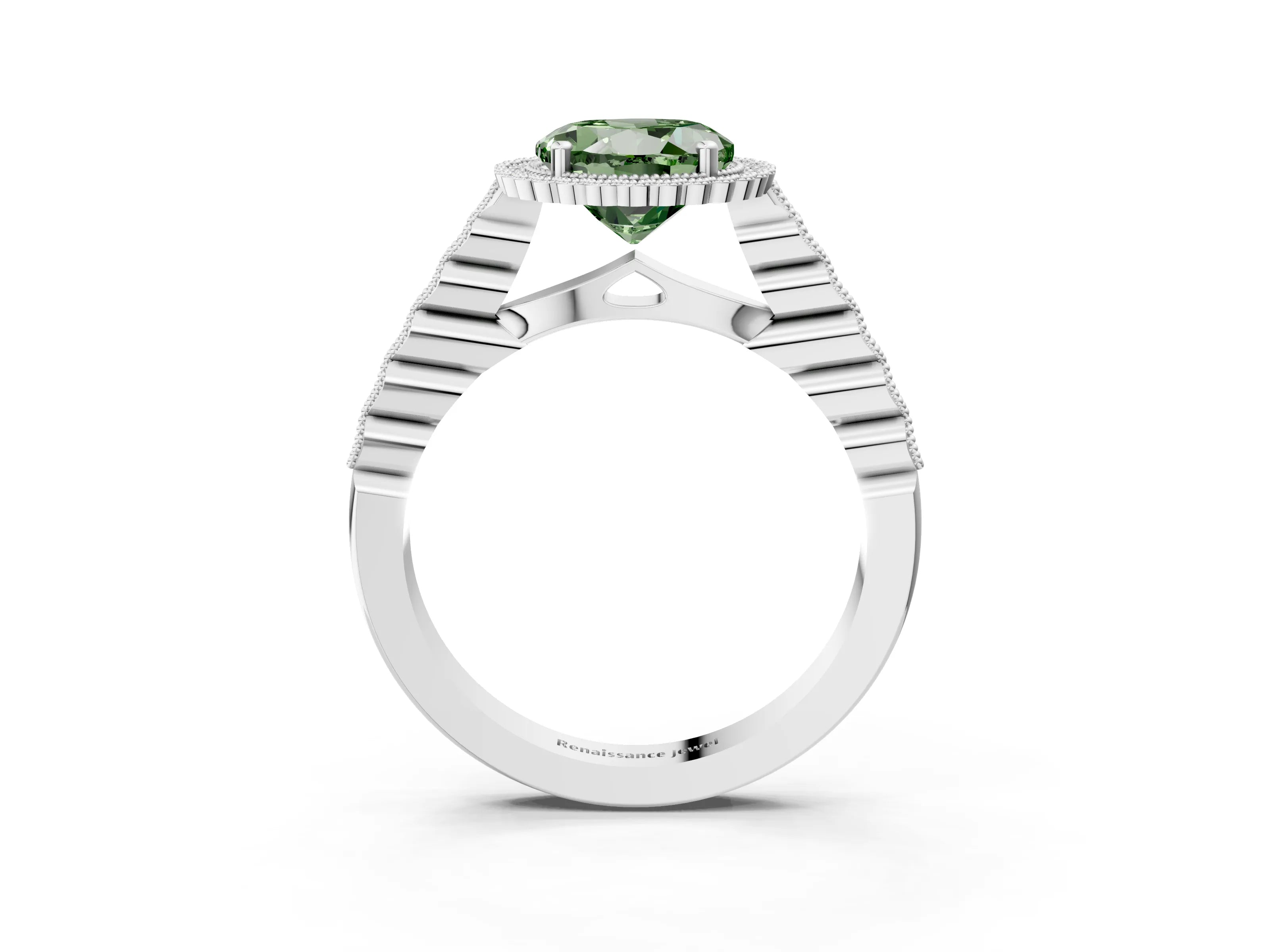 White gold Fancy Green Round Cut Cut Halo Pavé Solitaire Ring with Milgrain Band_15