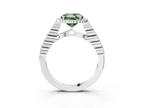White gold Fancy Green Round Cut Cut Halo Pavé Solitaire Ring with Milgrain Band_15