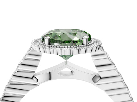 White gold Fancy Green Round Cut Cut Halo Pavé Solitaire Ring with Milgrain Band_16