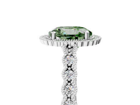 White gold Fancy Green Round Cut Cut Halo Pavé Solitaire Ring with Milgrain Band_17