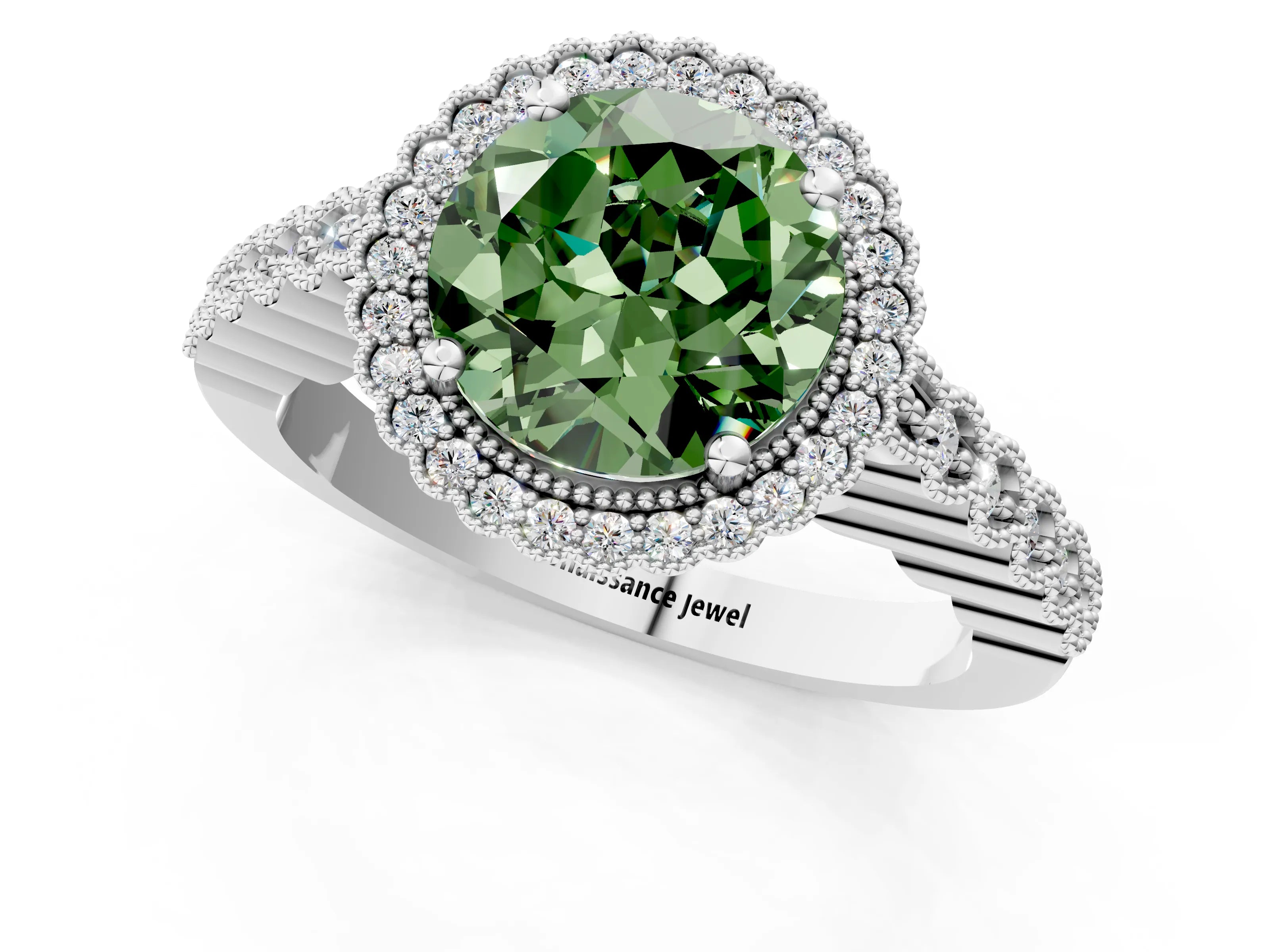 White gold Fancy Green Round Cut Cut Halo Pavé Solitaire Ring with Milgrain Band_1