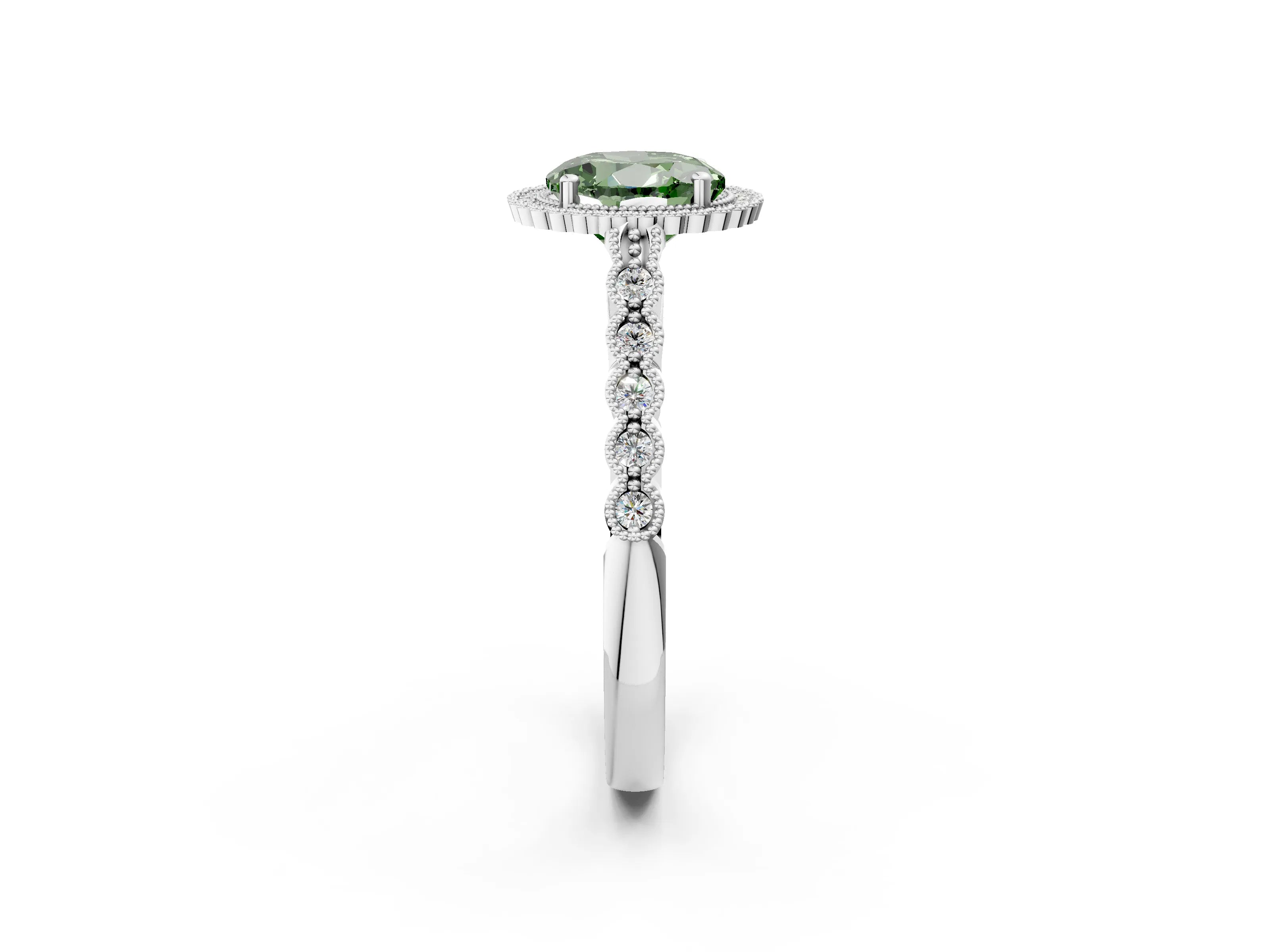 White gold Fancy Green Round Cut Cut Halo Pavé Solitaire Ring with Milgrain Band_2