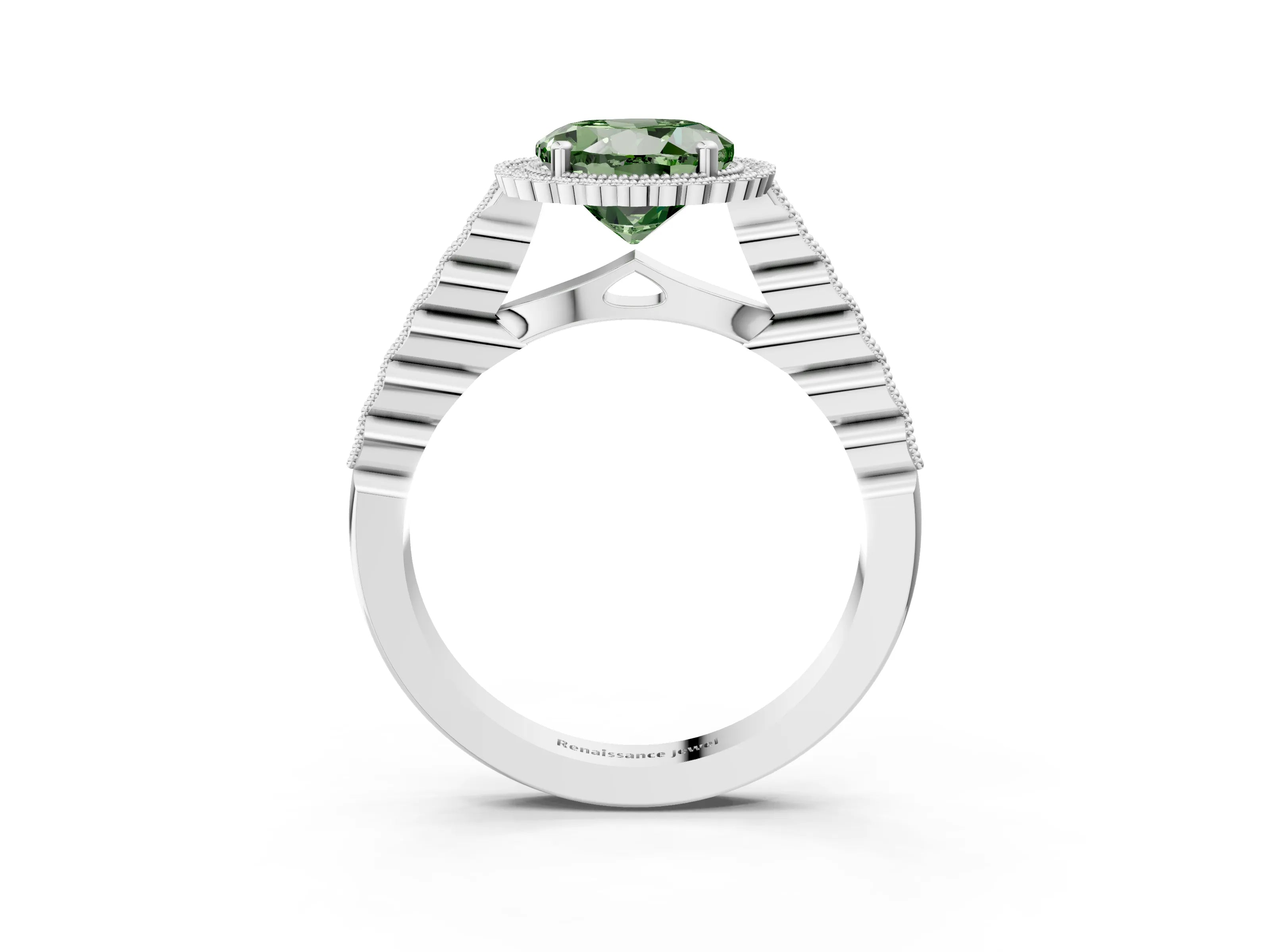 White gold Fancy Green Round Cut Cut Halo Pavé Solitaire Ring with Milgrain Band_3