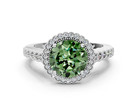 White gold Fancy Green Round Cut Cut Halo Pavé Solitaire Ring with Milgrain Band