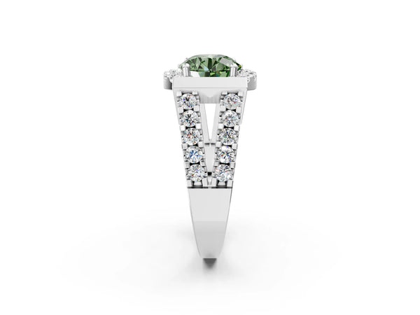 White Gold Round Halo Engagement Ring Setting for Fancy Green Center with Bar Shoulders