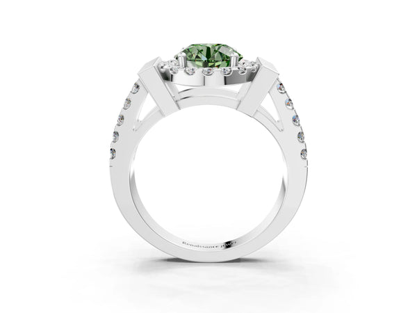 White Gold Round Halo Engagement Ring Setting for Fancy Green Center with Bar Shoulders