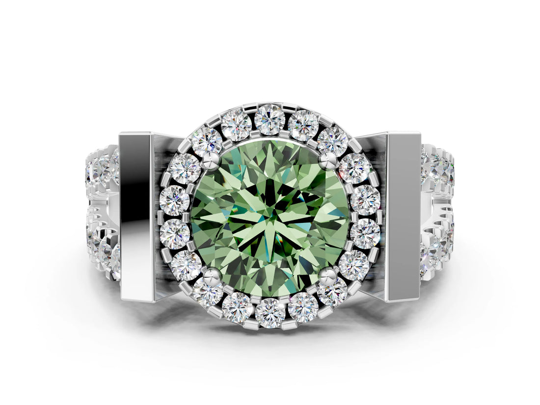 White gold Fancy Green Round Cut Cut Halo Split Shank Prong Set Ring