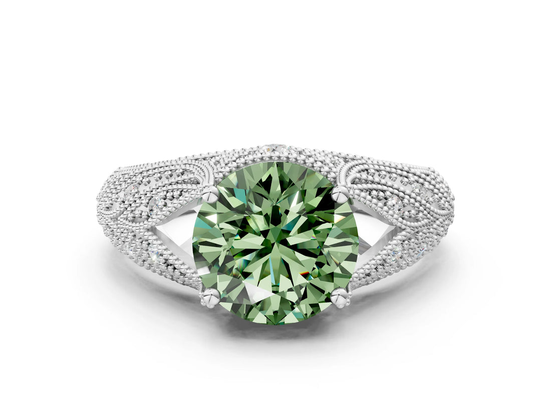 White gold Fancy Green Round Cut Cut Milgrain Pave Diamond Engagement Ring with Four-Prong Setting_3