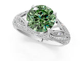 White gold Fancy Green Round Cut Cut Milgrain Pave Diamond Engagement Ring with Four-Prong Setting_4