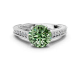 White gold Fancy Green Round Cut Cut Pave Band Milgrain Solitaire Ring