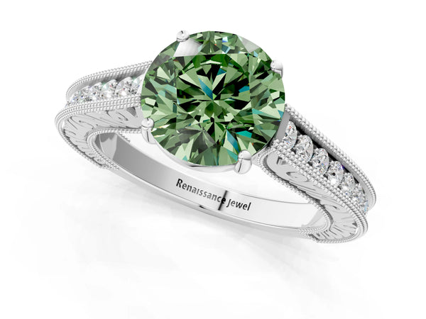 White gold Fancy Green Round Cut Cut Pave Band Milgrain Solitaire Ring