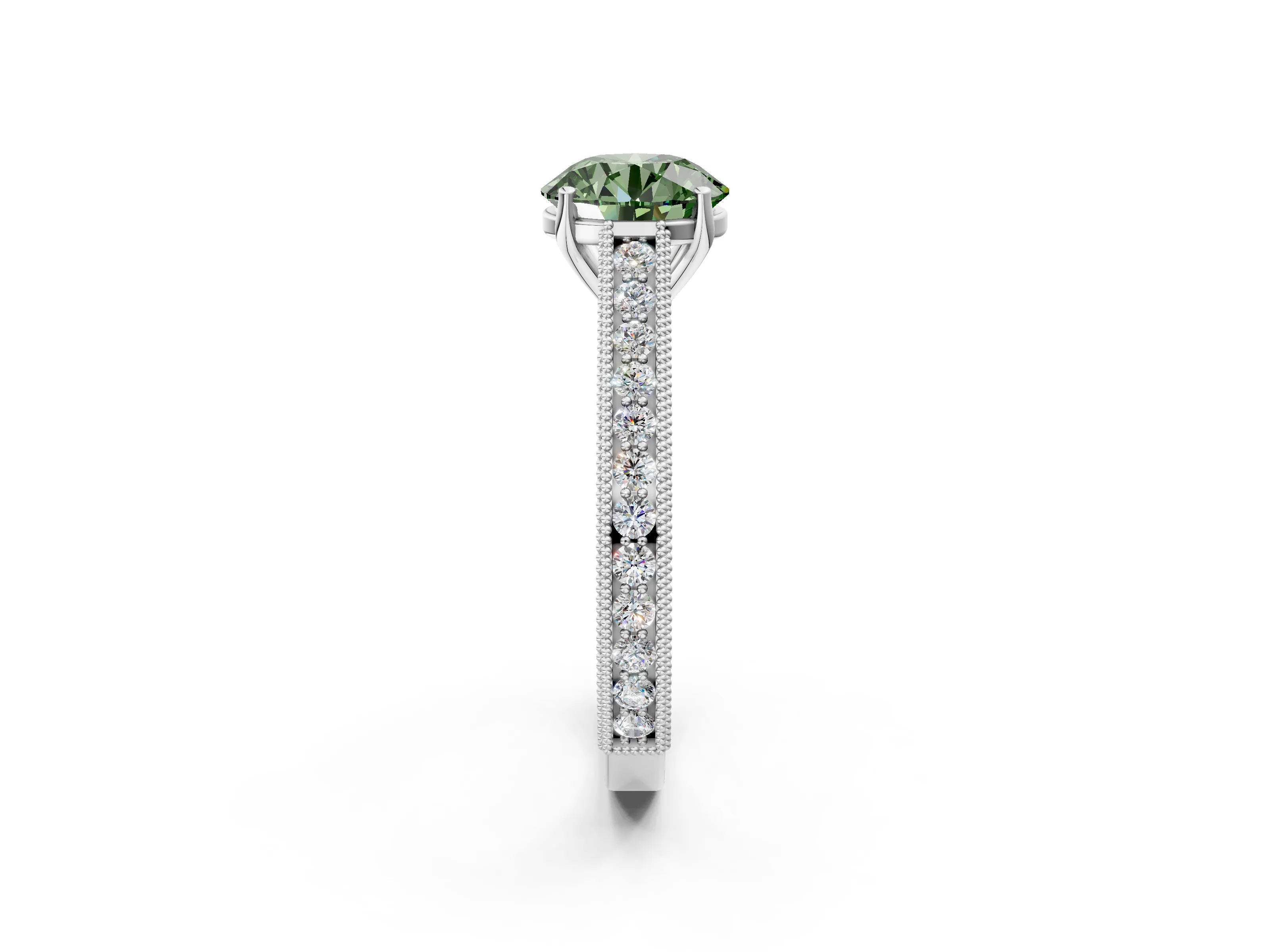 White gold Fancy Green Round Cut Cut Pave Band Milgrain Solitaire Ring_2