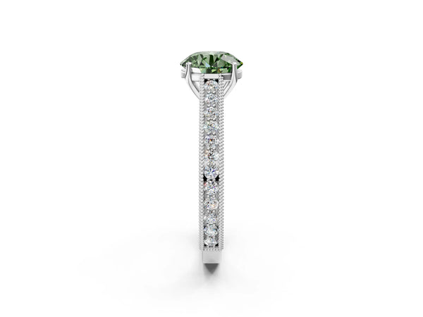 White gold Fancy Green Round Cut Cut Pave Band Milgrain Solitaire Ring