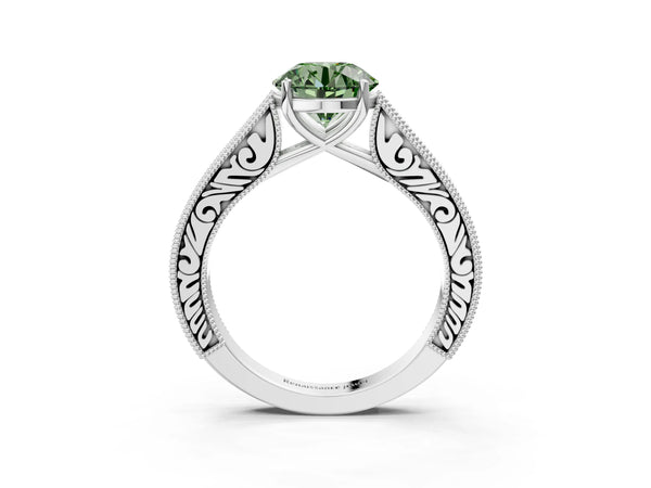 White gold Fancy Green Round Cut Cut Pave Band Milgrain Solitaire Ring