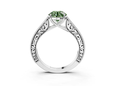 White gold Fancy Green Round Cut Cut Pave Band Milgrain Solitaire Ring_3