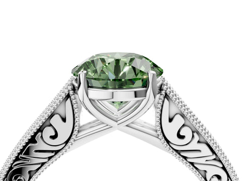 White gold Fancy Green Round Cut Cut Pave Band Milgrain Solitaire Ring_4