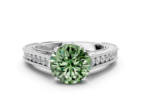 White gold Fancy Green Round Cut Cut Pave Band Milgrain Solitaire Ring