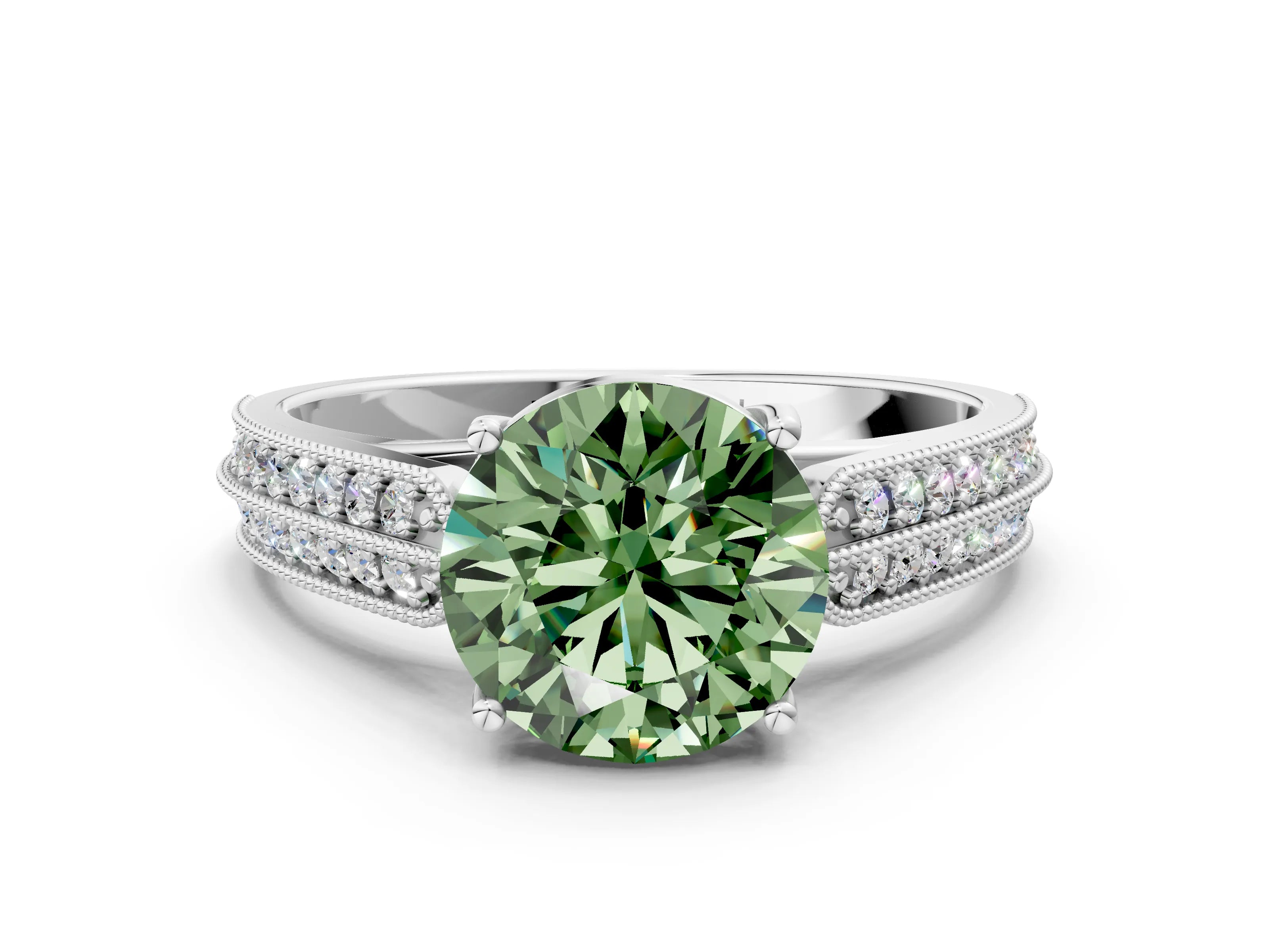 White gold Fancy Green Round Cut Cut Pave Split Shank Engagement Ring with Four-Prong Setting