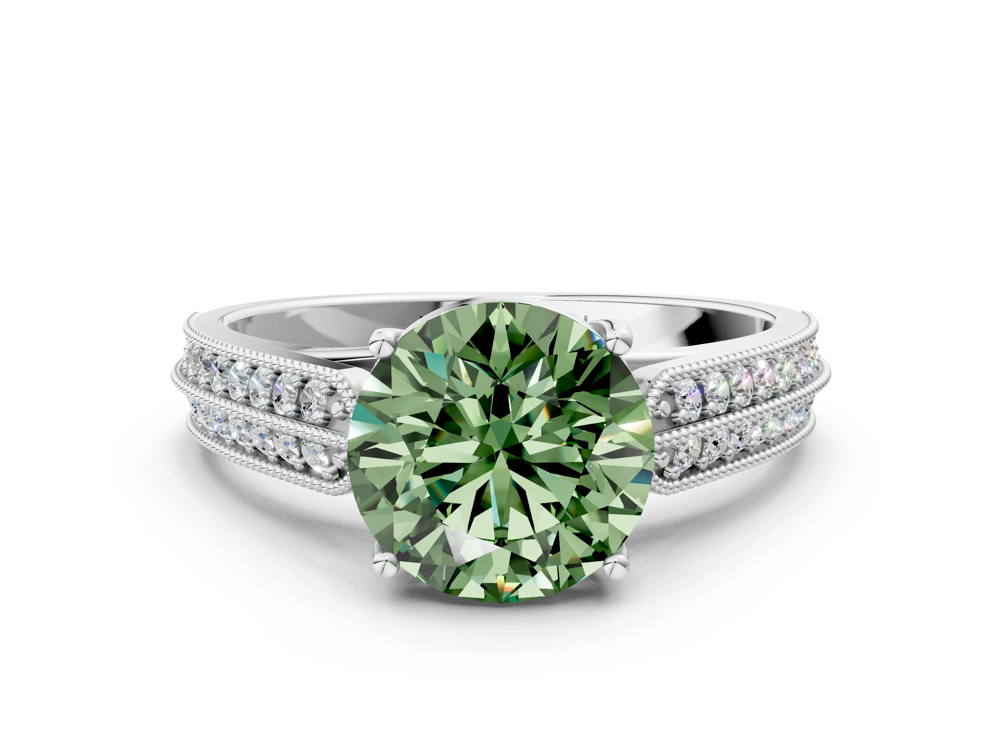 White gold Fancy Green Round Cut Cut Pave Split Shank Engagement Ring with Four-Prong Setting_12