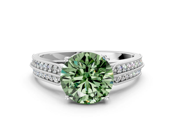 White gold Fancy Green Round Cut Cut Pave Split Shank Engagement Ring with Four-Prong Setting