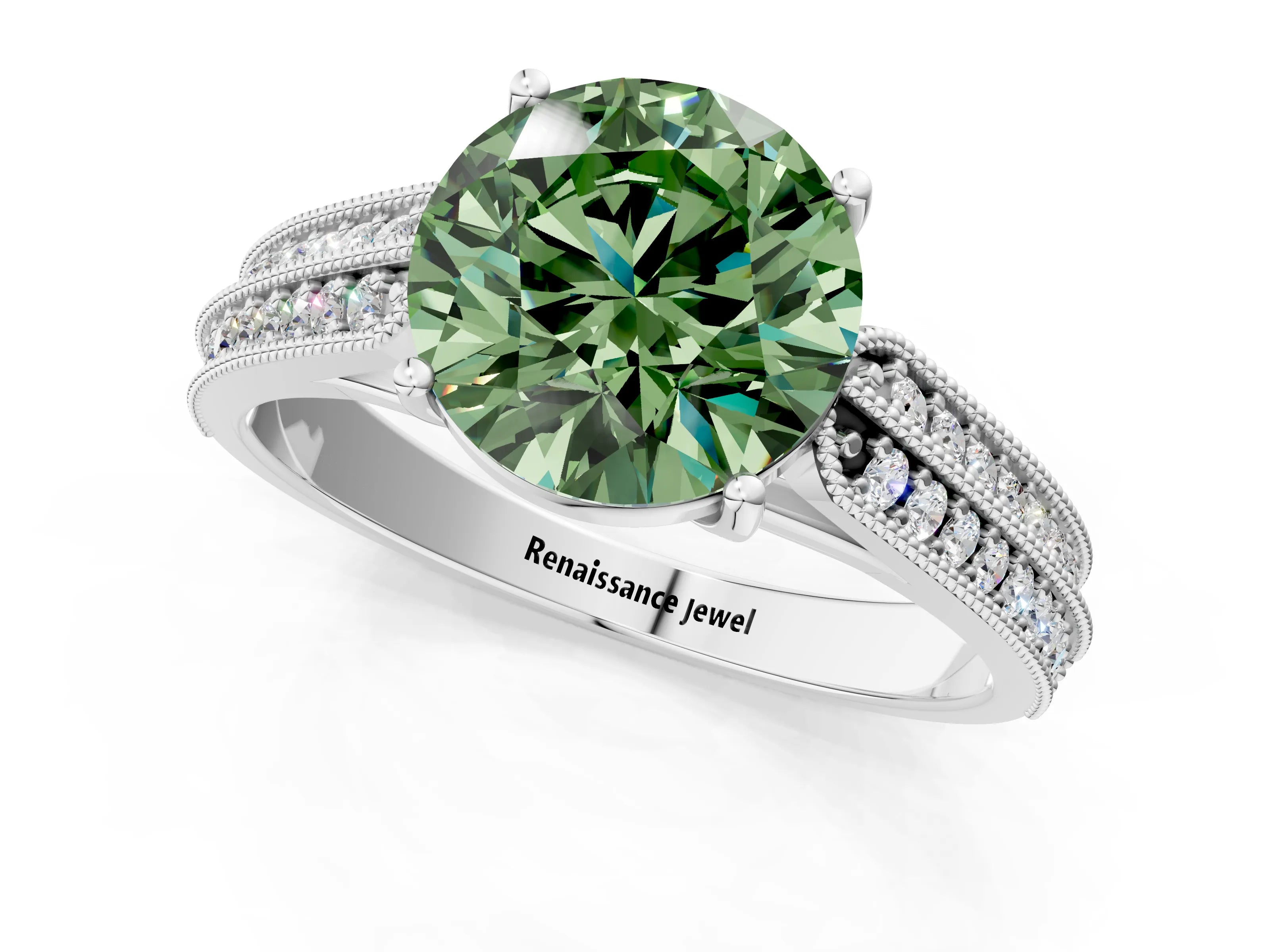 White gold Fancy Green Round Cut Cut Pave Split Shank Engagement Ring with Four-Prong Setting_13