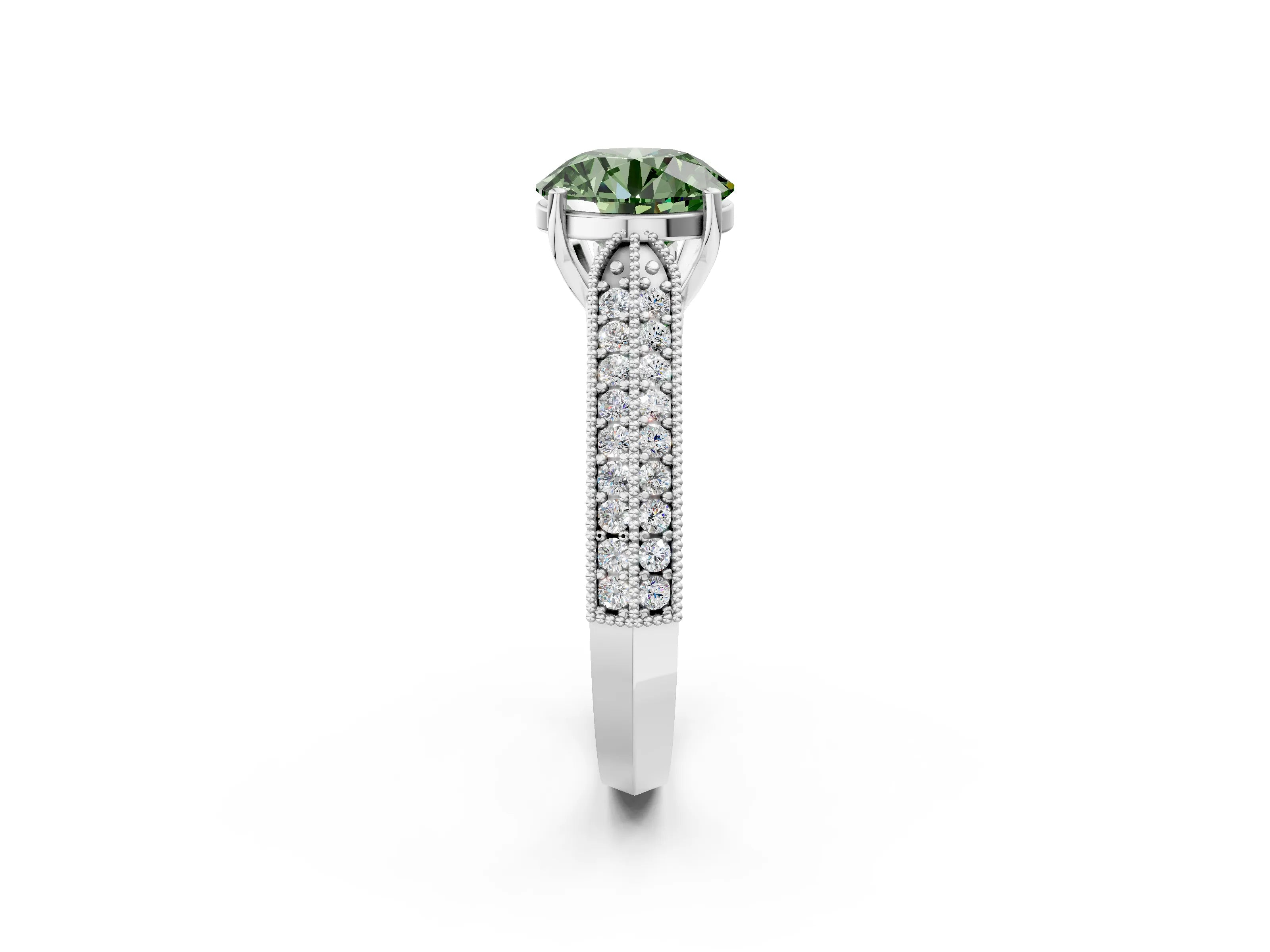 White gold Fancy Green Round Cut Cut Pave Split Shank Engagement Ring with Four-Prong Setting_14