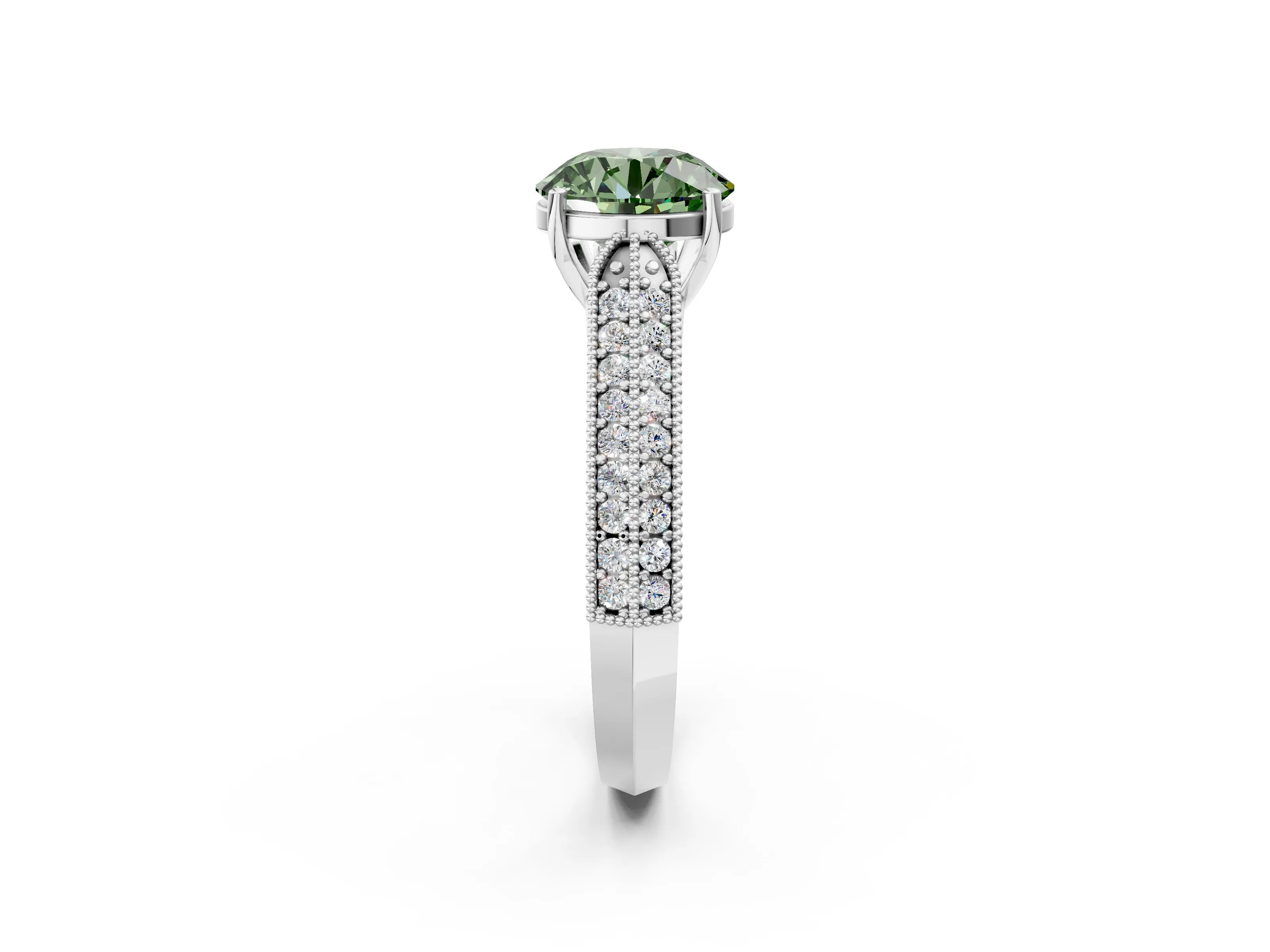 White gold Fancy Green Round Cut Cut Pave Split Shank Engagement Ring with Four-Prong Setting_2