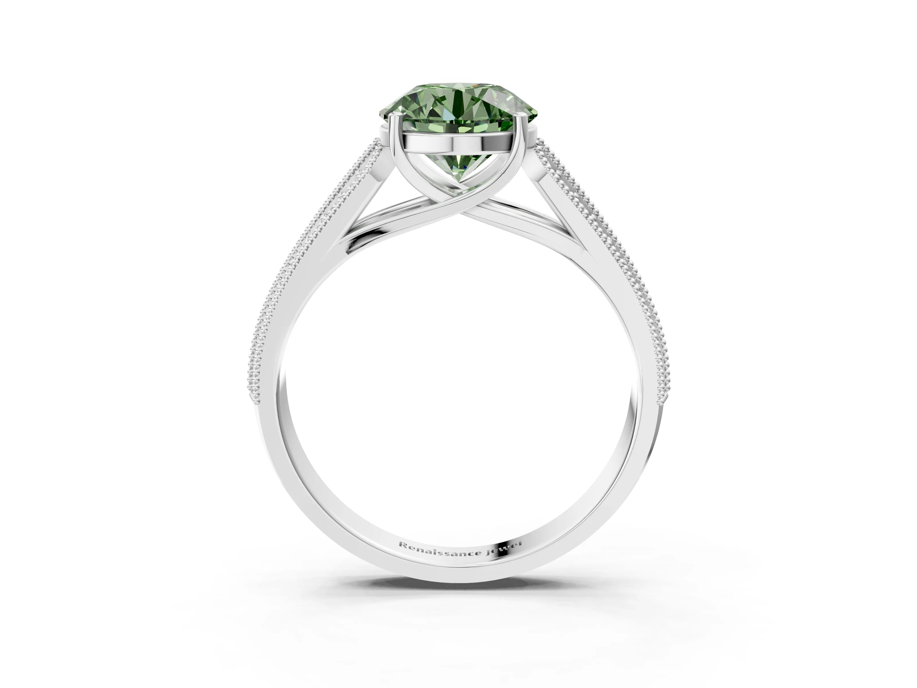 White gold Fancy Green Round Cut Cut Pave Split Shank Engagement Ring with Four-Prong Setting_3