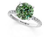 White gold Fancy Green Round Cut Diamond Brilliant Solitaire Ring with Pavé Band and Four-Prong Setting_13