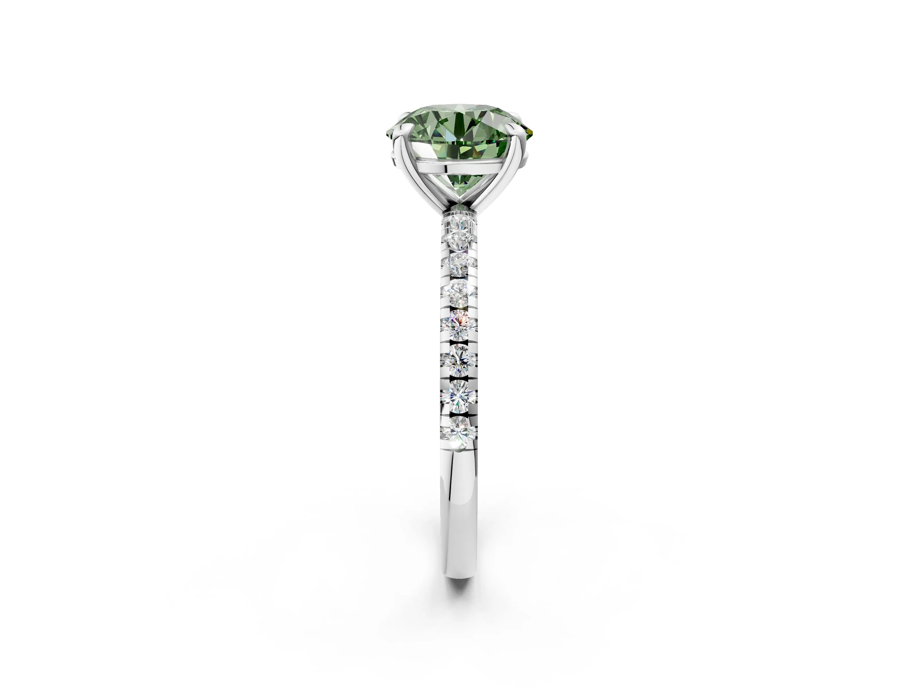 White gold Fancy Green Round Cut Diamond Brilliant Solitaire Ring with Pavé Band and Four-Prong Setting_2
