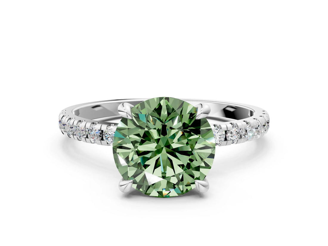 White gold Fancy Green Round Cut Diamond Brilliant Solitaire Ring with Pavé Band and Four-Prong Setting_36