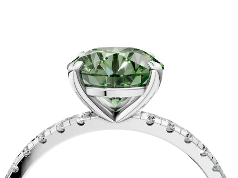 White gold Fancy Green Round Cut Diamond Brilliant Solitaire Ring with Pavé Band and Four-Prong Setting_4