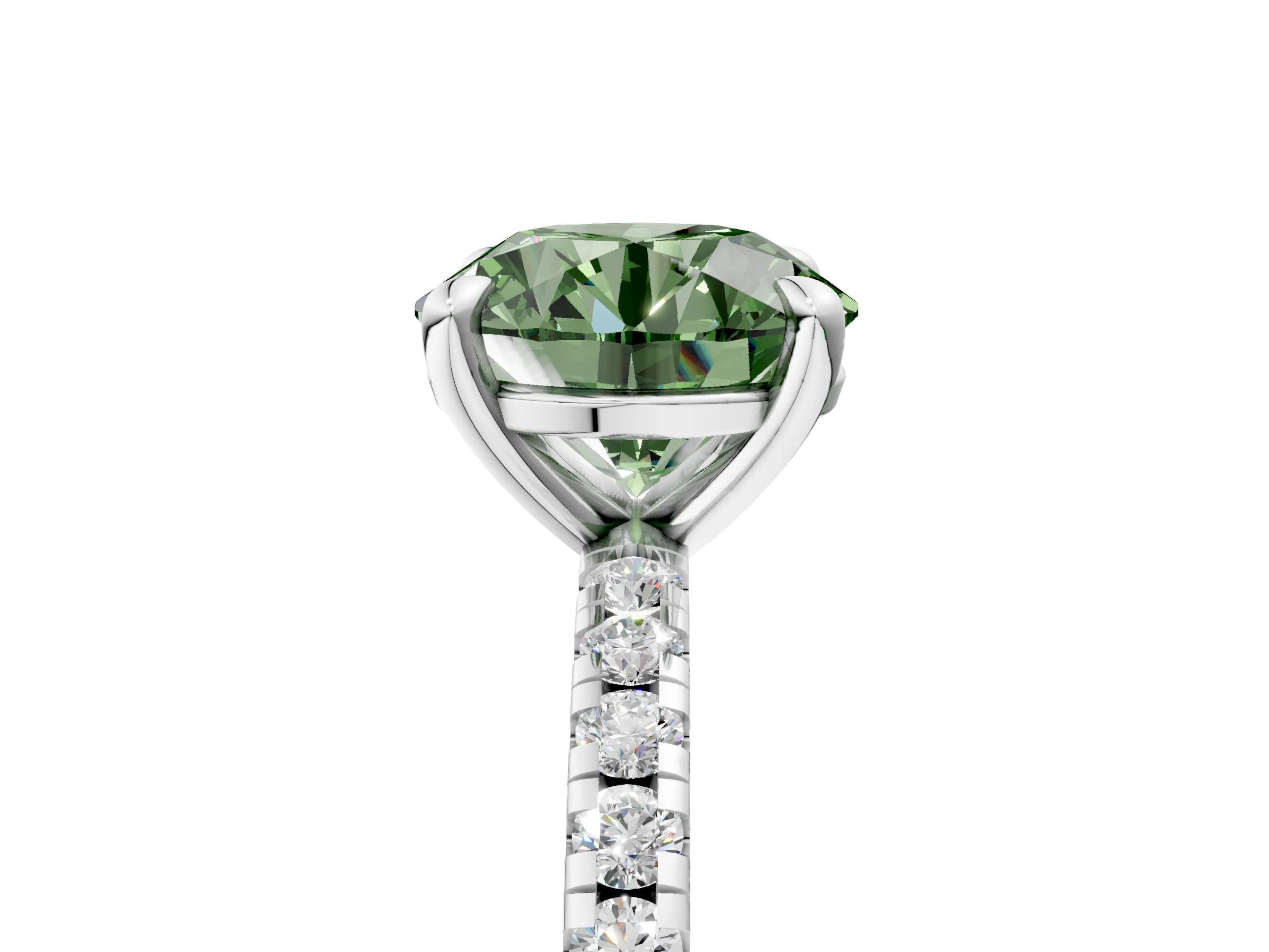 White gold Fancy Green Round Cut Diamond Brilliant Solitaire Ring with Pavé Band and Four-Prong Setting_5