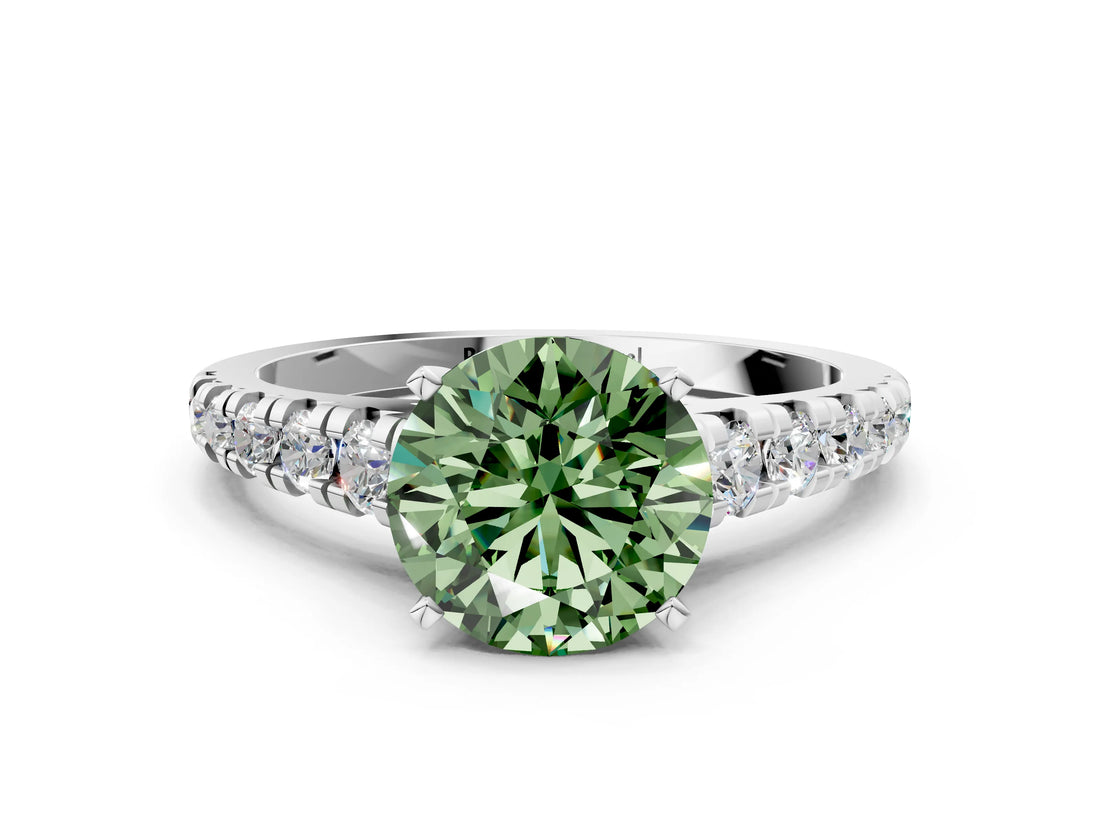 White gold Fancy Green Round Cut Diamond Cathedral Solitaire Ring with Round  Pavé Band_221