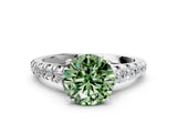 White gold Fancy Green Round Cut Diamond Cathedral Solitaire Ring with Round  Pavé Band_221