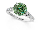 White gold Fancy Green Round Cut Diamond Cathedral Solitaire Ring with Round  Pavé Band_222