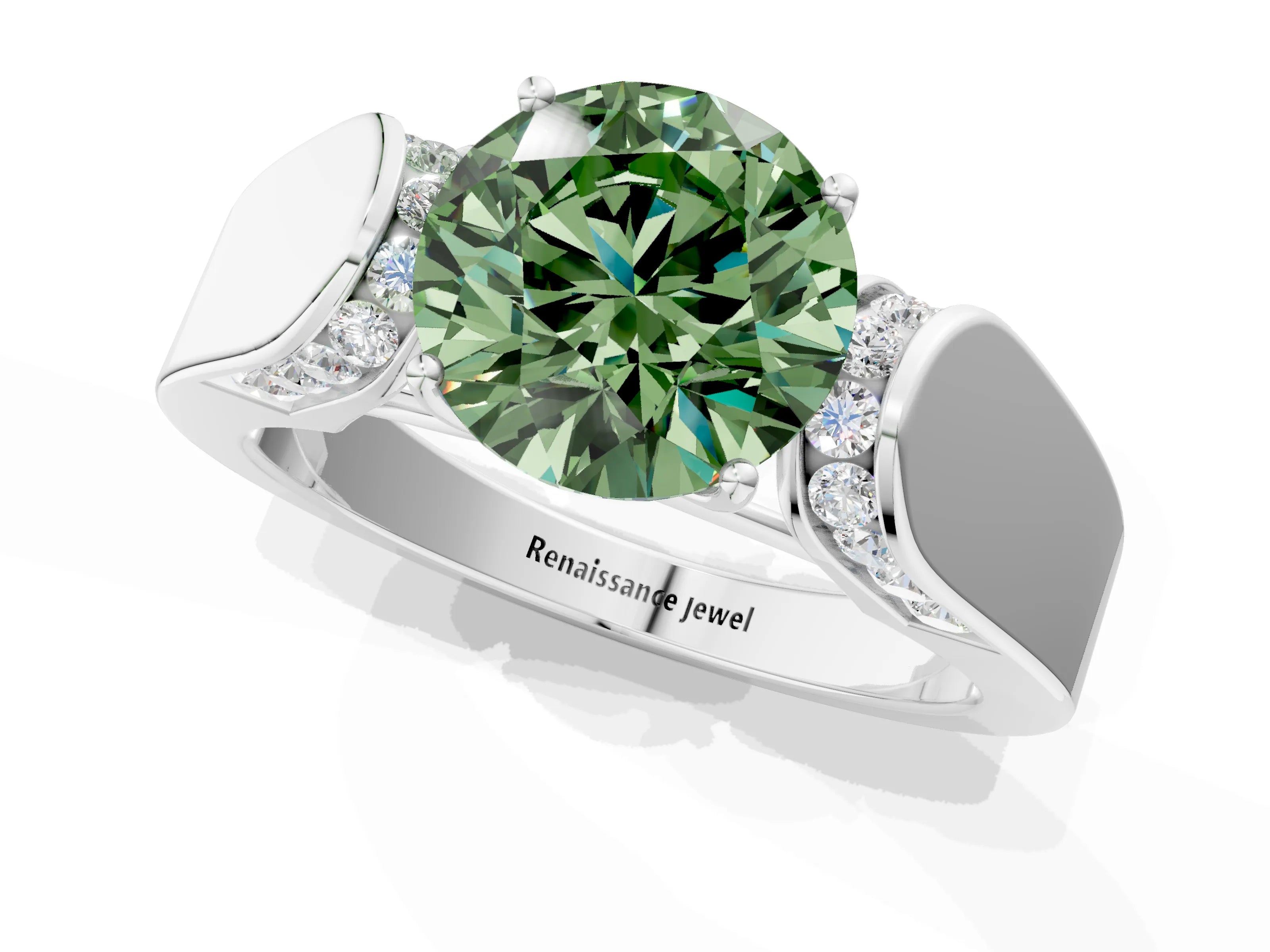 White gold Fancy Green Round Cut Diamond Channel Set Solitaire Ring with Four-Prong Setting_27