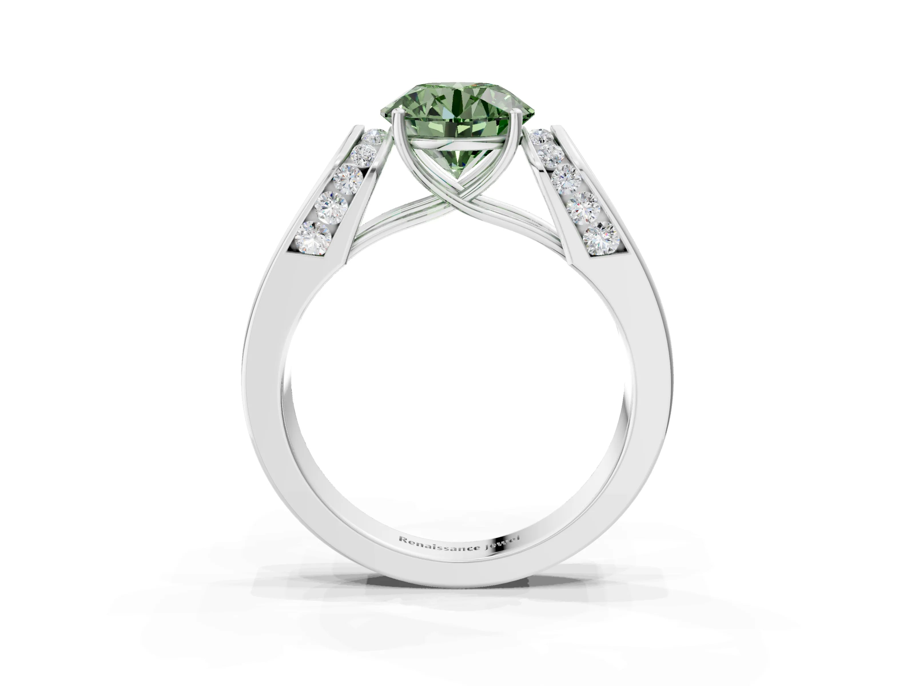 White gold Fancy Green Round Cut Diamond Channel Set Solitaire Ring with Four-Prong Setting_29