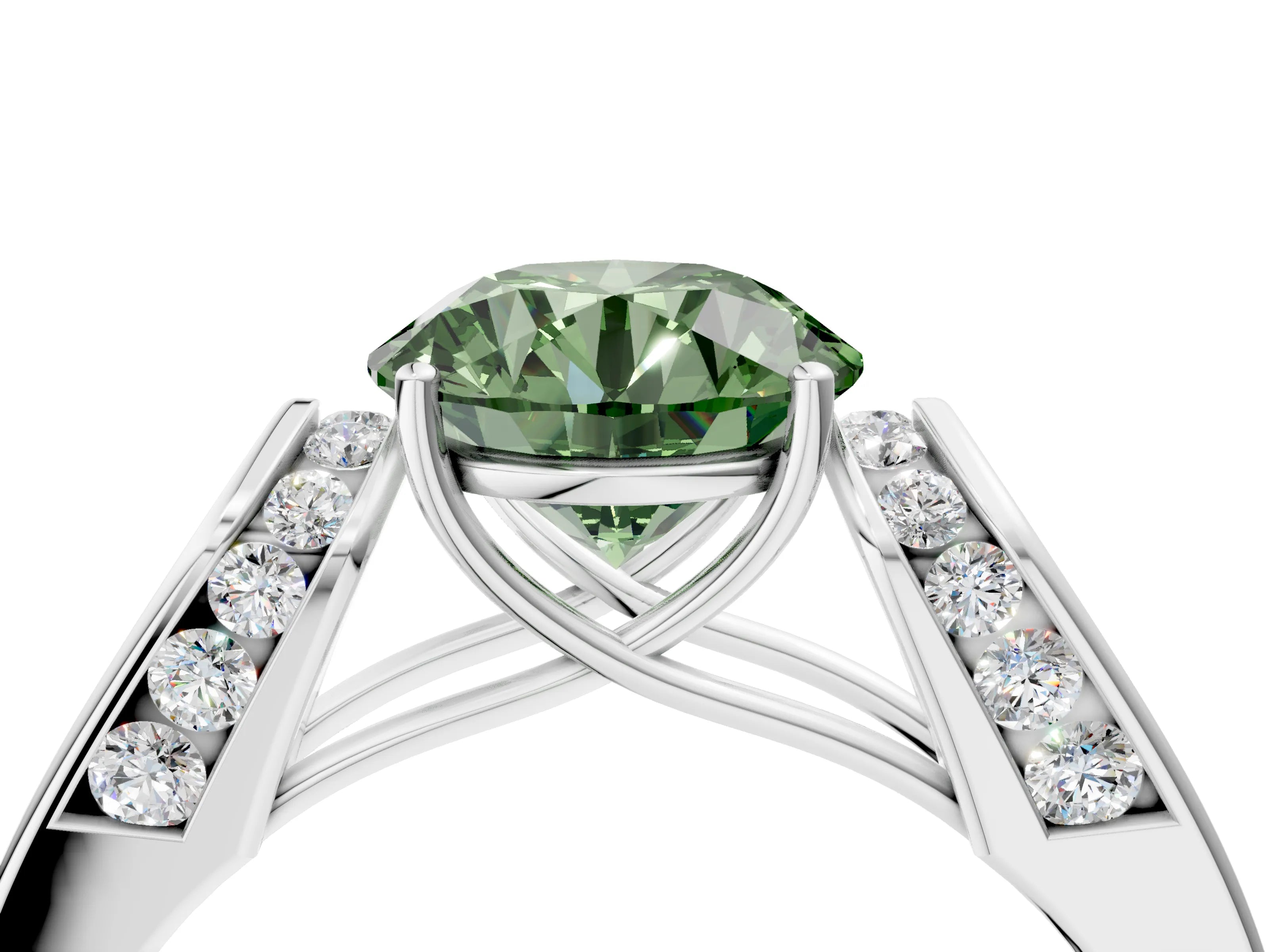 White gold Fancy Green Round Cut Diamond Channel Set Solitaire Ring with Four-Prong Setting_30