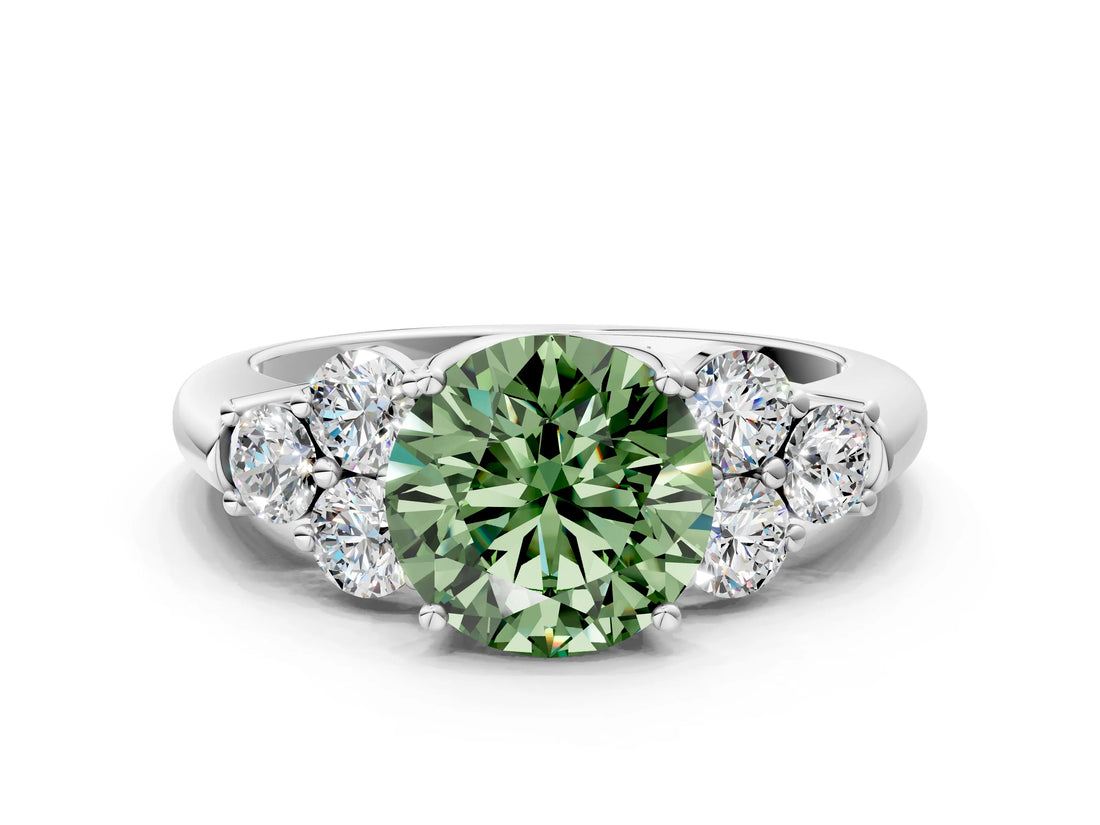 White gold Fancy Green Round  Cut Diamond Cluster Ring with Round Accent Stones and Prong Setting on a Classic Band_32
