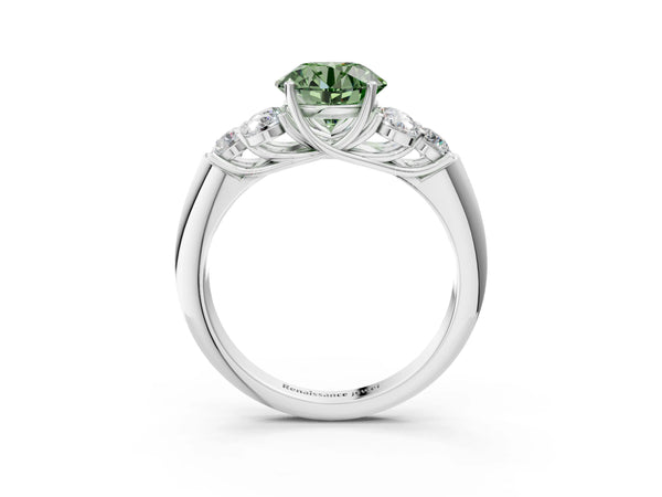 Platinum Fancy Green Round  Cut Diamond Cluster Ring with Round Accent Stones and Prong Setting on a Classic Band