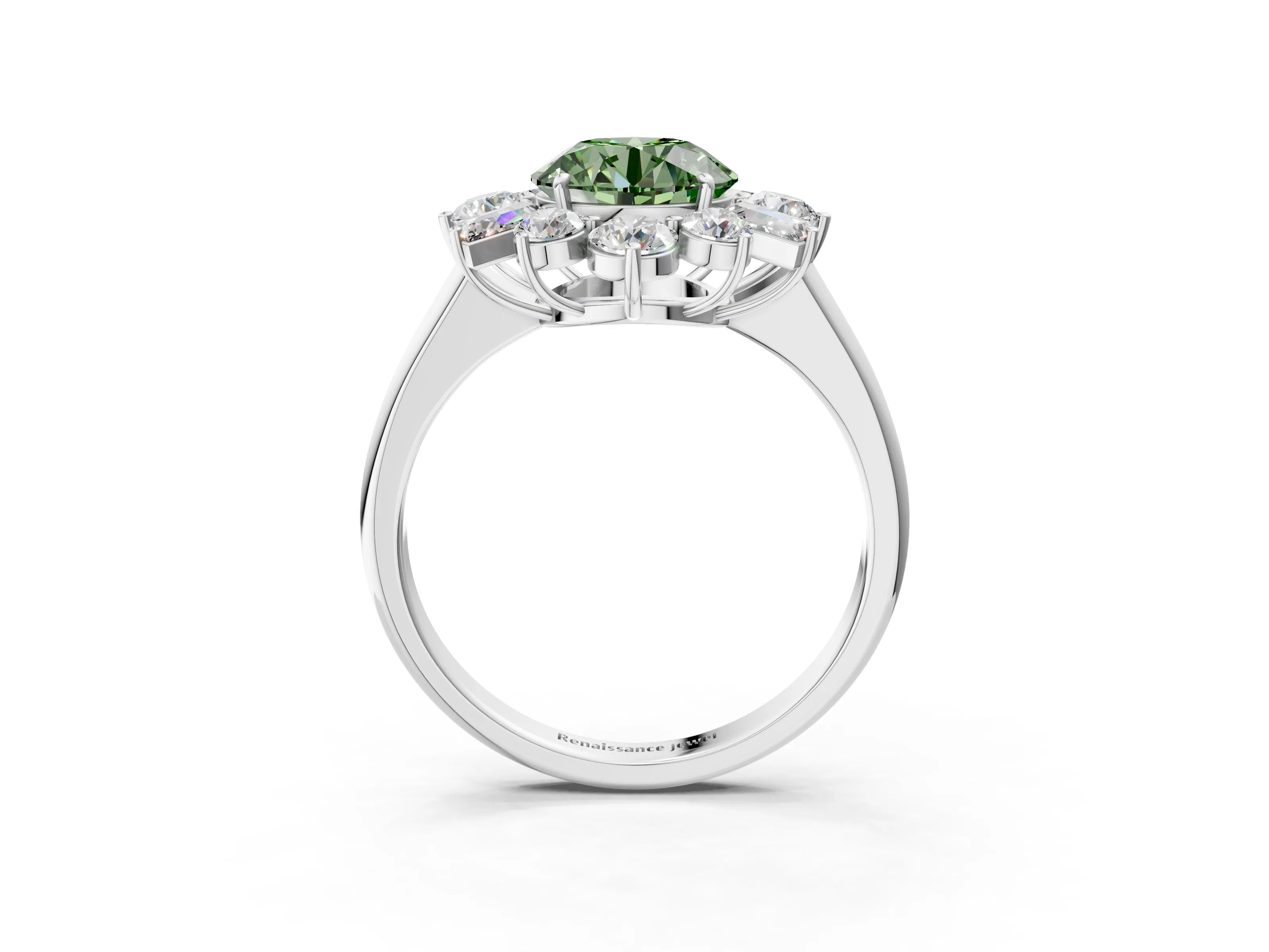 White gold Fancy Green Round Cut Diamond Cluster Ring with Round and Baguette Stones, Split Shank Band, Prong Setting_15
