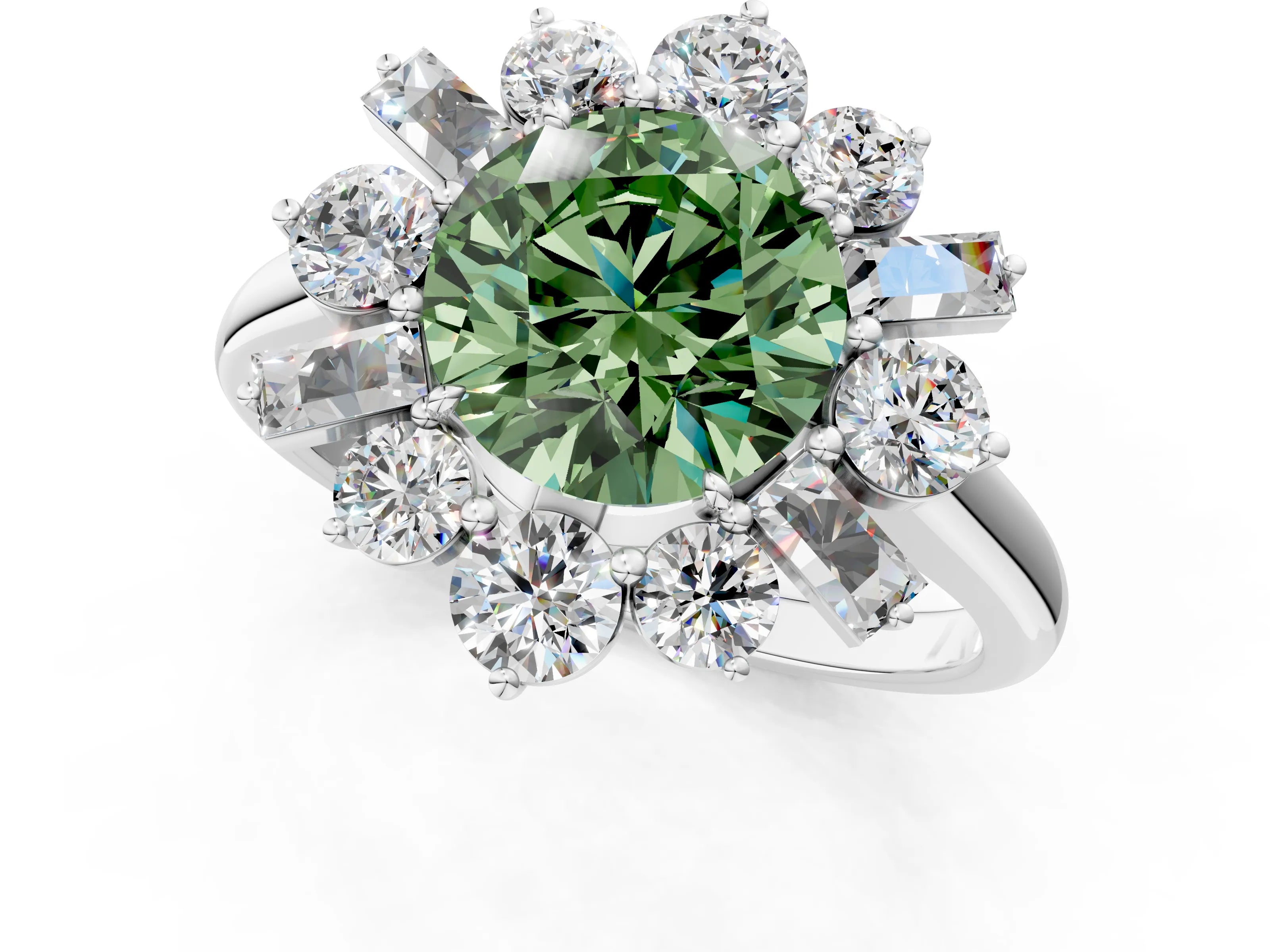 White gold Fancy Green Round Cut Diamond Cluster Ring with Round and Baguette Stones, Split Shank Band, Prong Setting_1