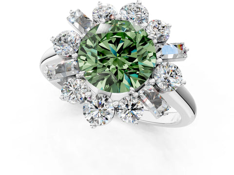 White gold Fancy Green Round Cut Diamond Cluster Ring with Round and Baguette Stones, Split Shank Band, Prong Setting_1